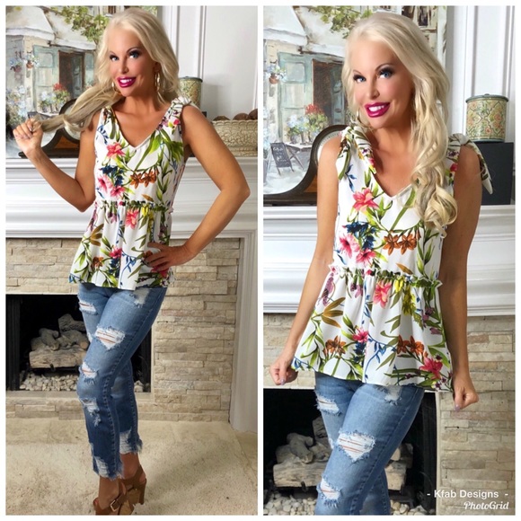 💐LAST Tropical Print Ruffle Top With Bow Shoulder - Picture 6 of 8